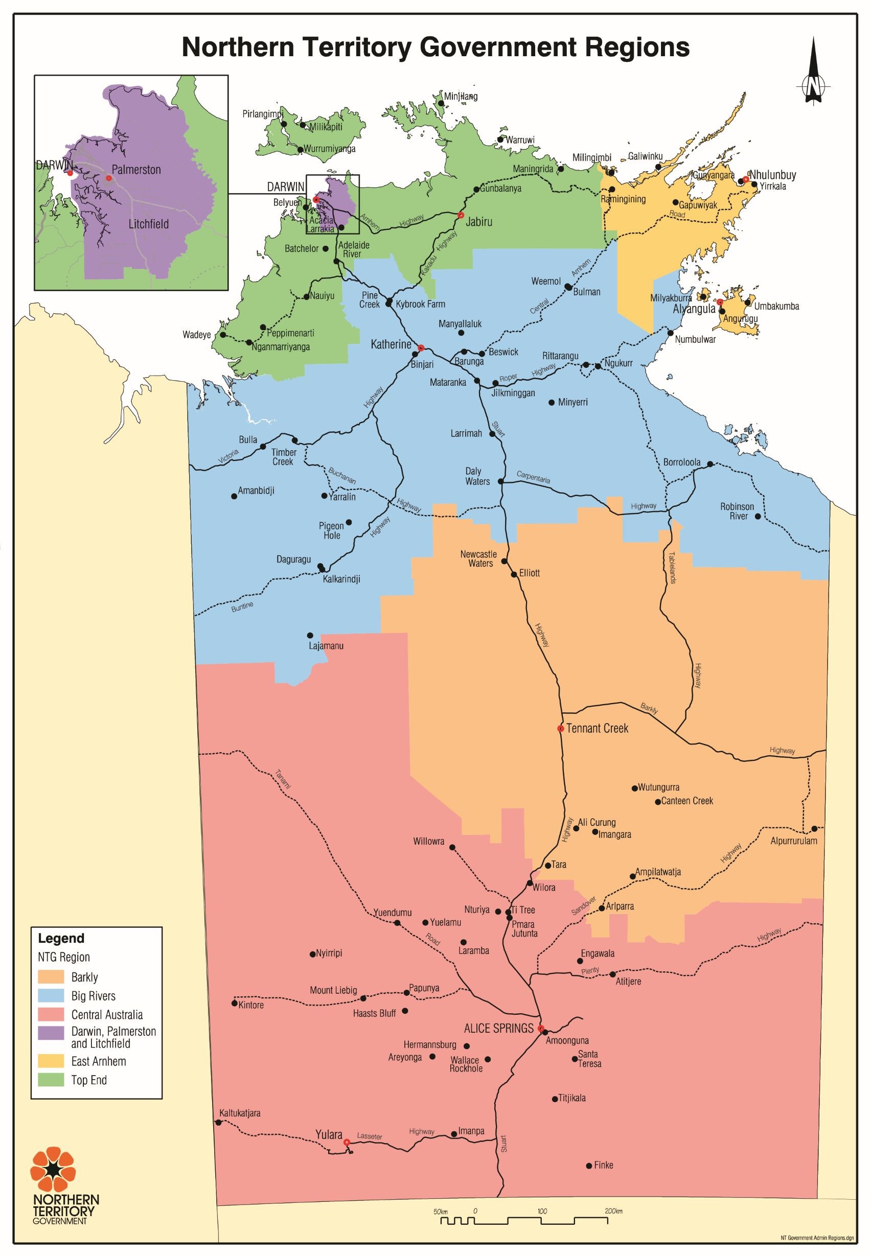 Map of the NT - color coded by region NT Government regions