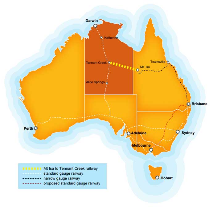 Map of Australia highlight the Northern Territory and proposed railway line from Mt Isa to Tennant Creek.