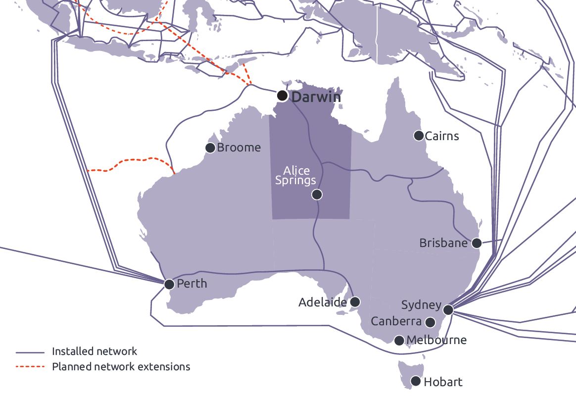Map of Australia and Asia showing locations of planned network extensions